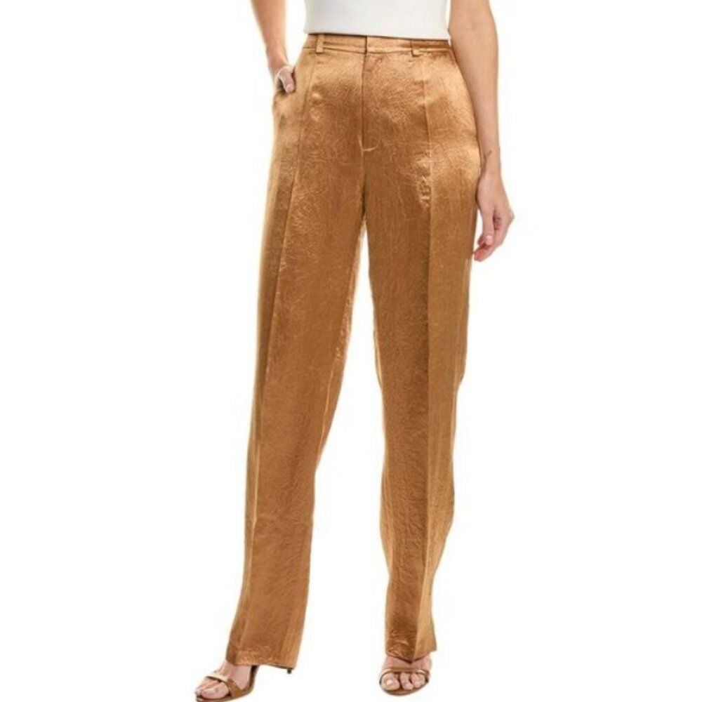 Cinq a Sept Kasid Crinkled Satin Straight Leg Pant in Pecan Bronze size 2 New